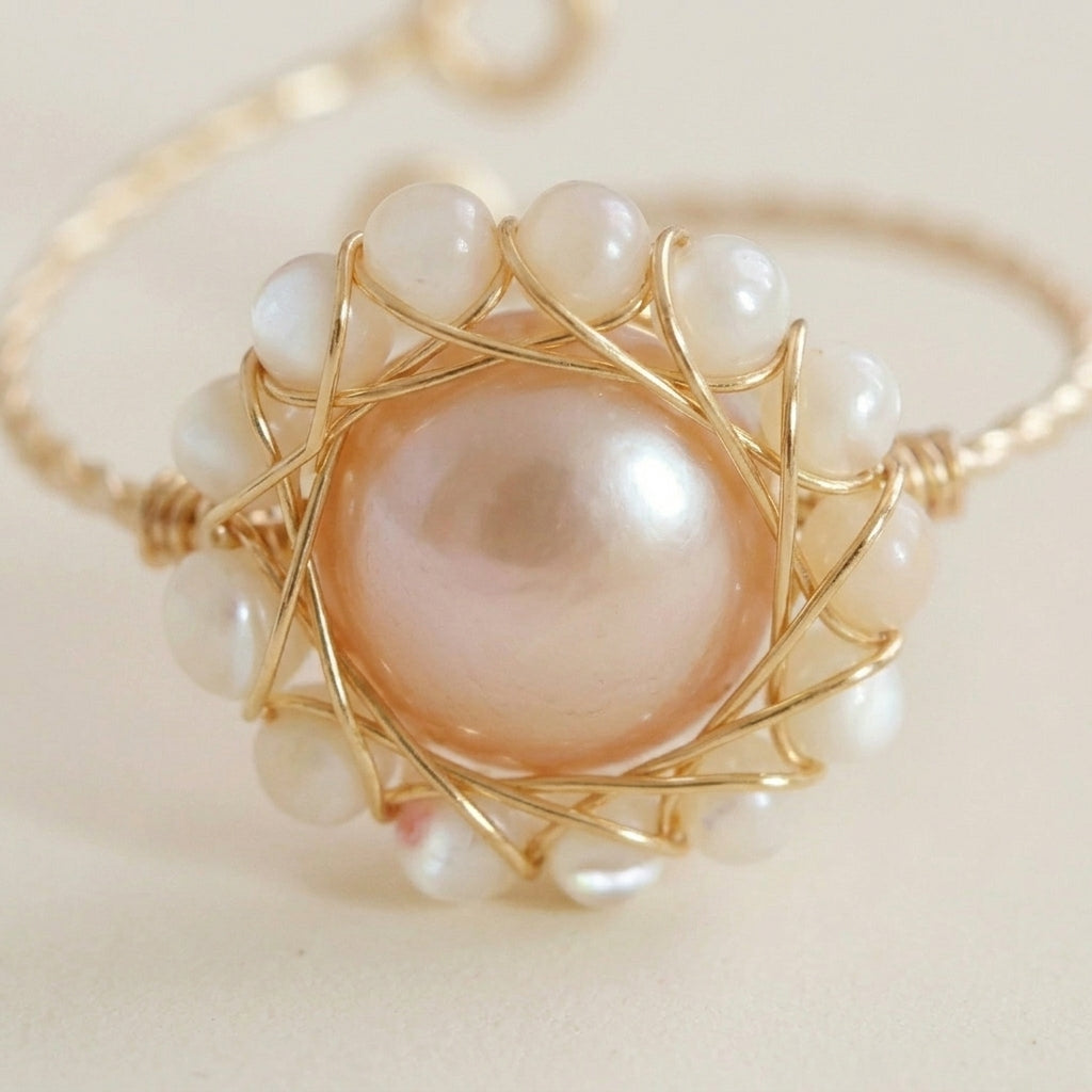 Adjustable Pink Floral Pearl Statement Ring, June Birthstone Goft