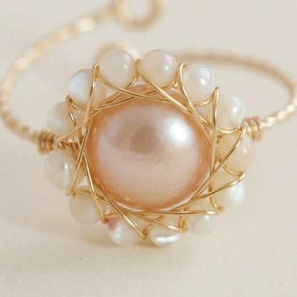 Adjustable Pink Floral Pearl Statement Ring, June Birthstone Goft