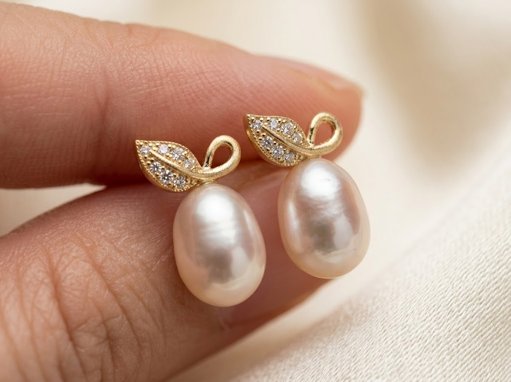 Gold Leaf Freshwater Pearl Stud Earring, Best gift for Mom