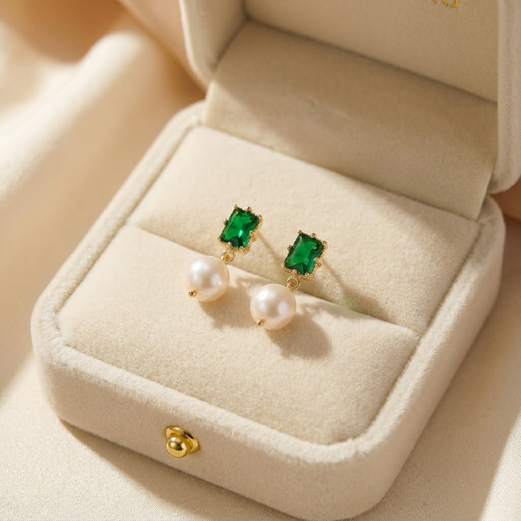 “Eden’s Whisper” Emerald and Freshwater Pearl Drop Earrings in a premium cream jewelry gift box