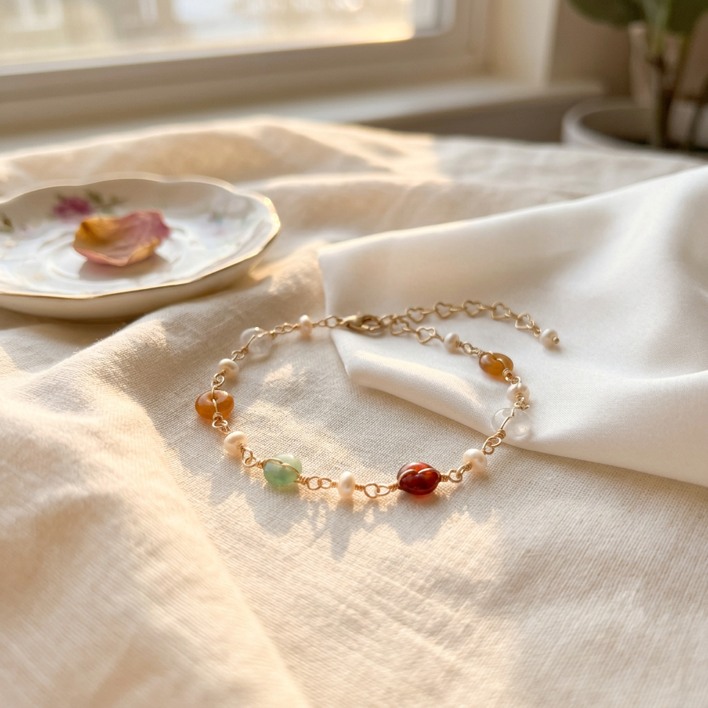 The Elara minimalist bracelet featuring genuine freshwater pearls, tourmaline, and green aventurine laid flat on a creamy textured plaster surface.