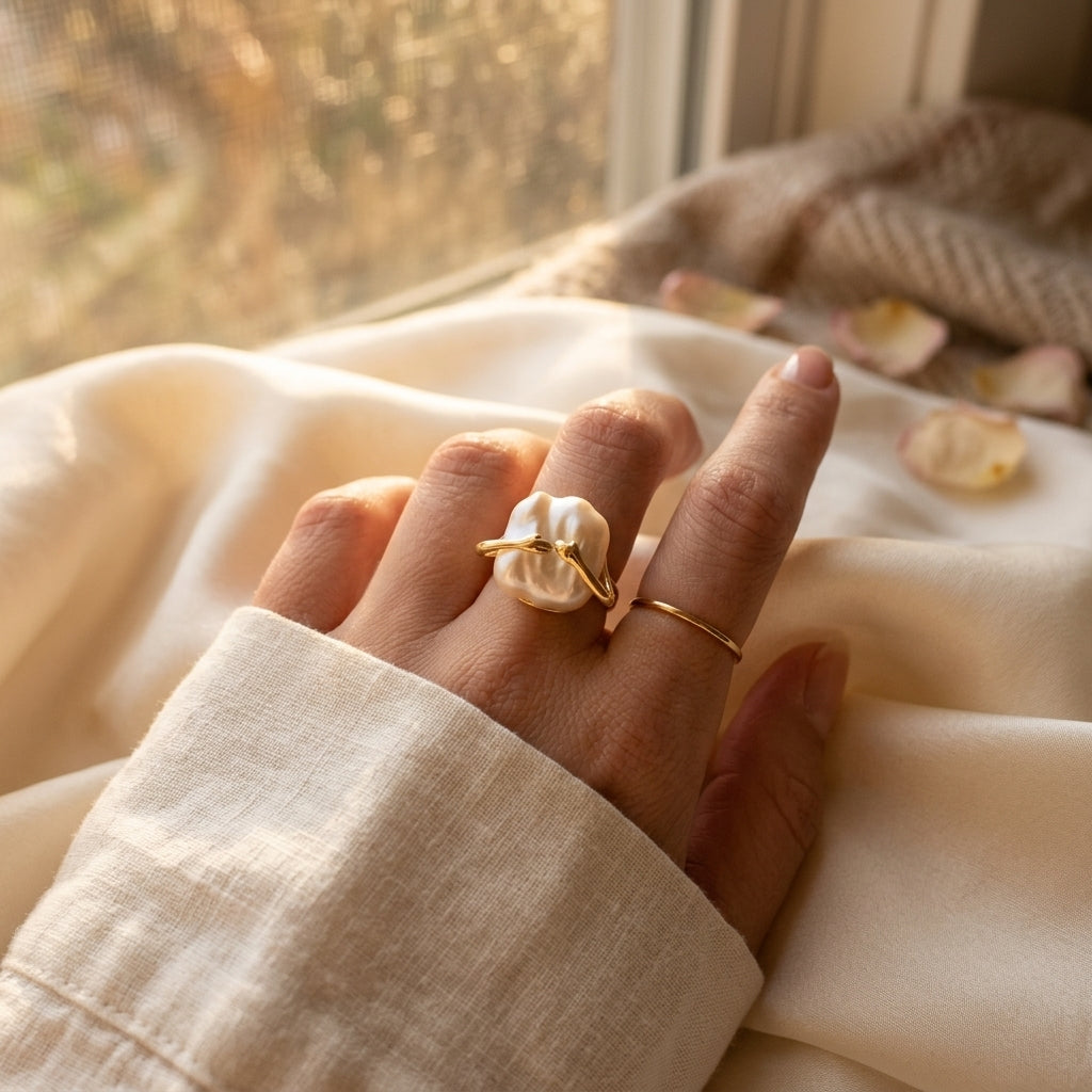Top-down flat lay view of The 'Embrace' sculptural baroque pearl ring on a white textured background by Whisperland Studio.