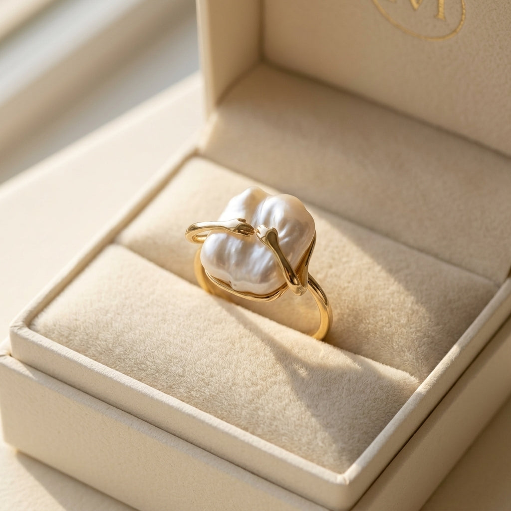 The 'Embrace' sculptural pearl ring presented in a premium beige velvet gift box, perfect for artistic jewelry gifting.