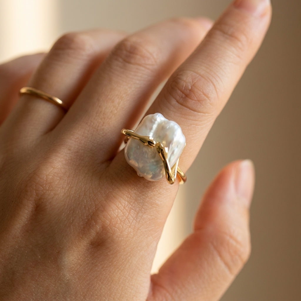 Side profile of The 'Embrace' statement ring on a finger, emphasizing the adjustable 14K gold band and artistic details.
