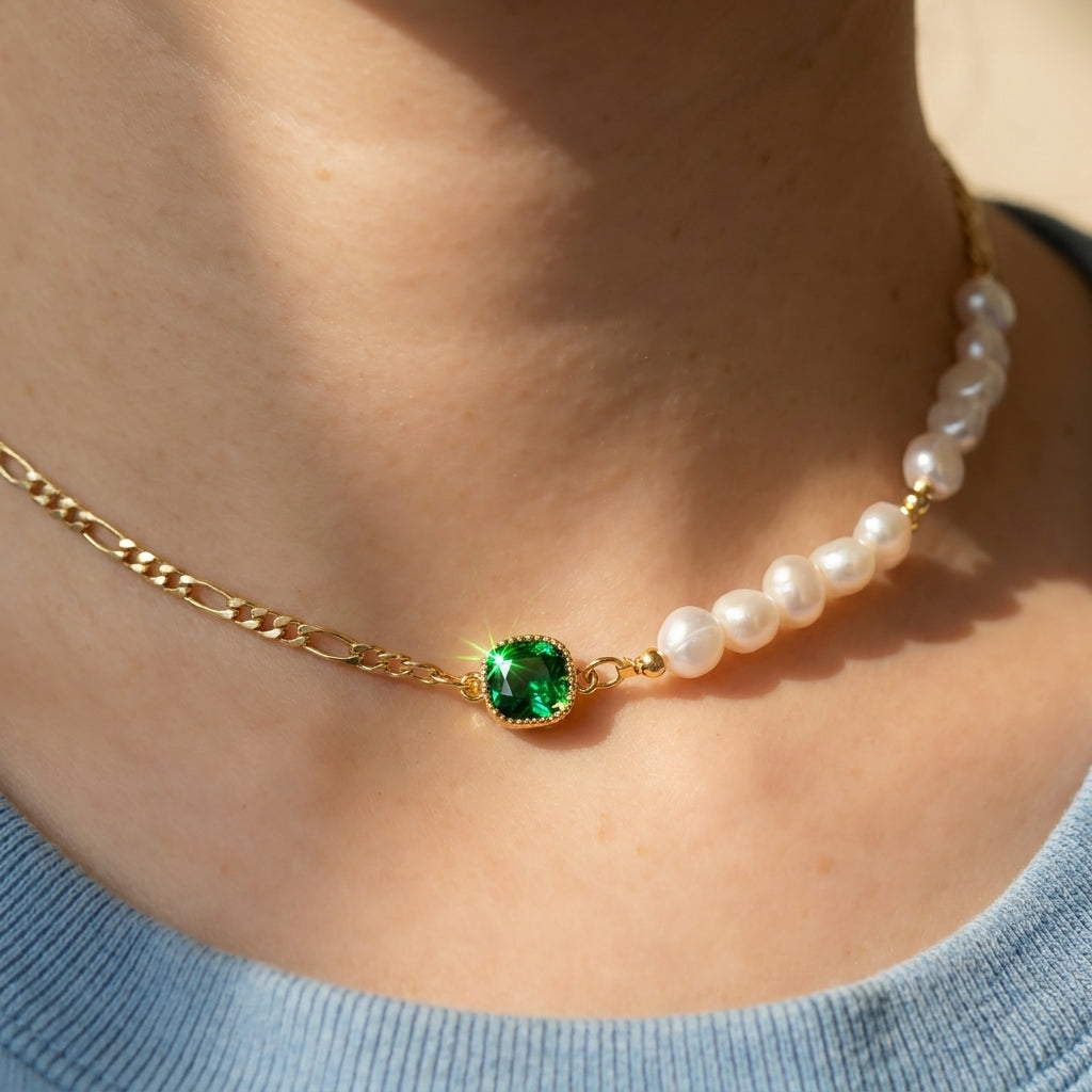 Model wearing the emerald and pearl figaro choker for a minimalist bridal shower look