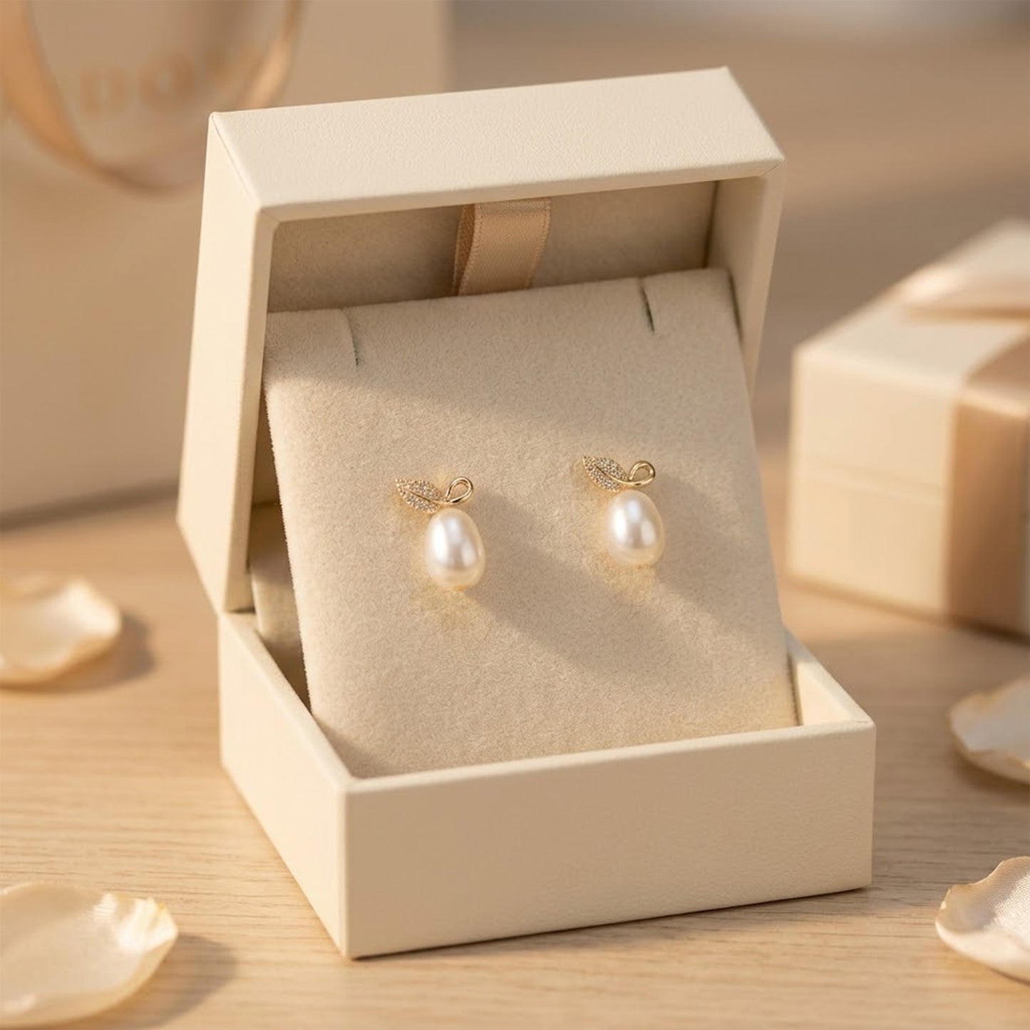 Gold Leaf Freshwater Pearl Stud Earring, Best gift for Mom