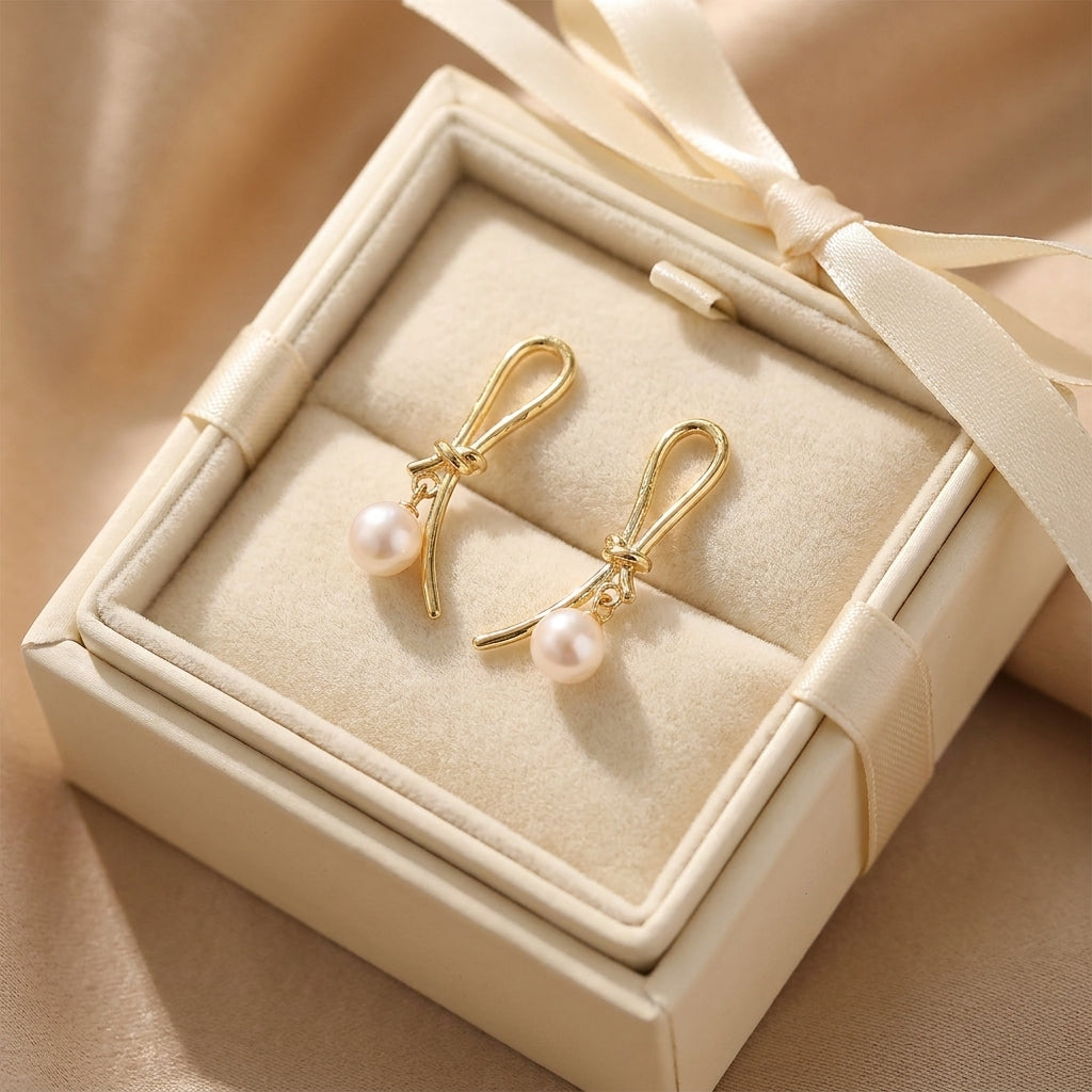 Freshwater Pearl Gold Knot Drop Earrings, Best Gift Ideas