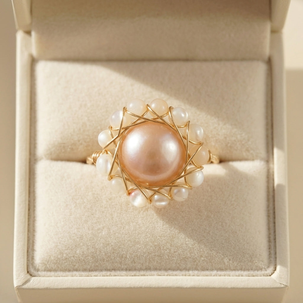 Adjustable Pink Floral Pearl Statement Ring, June Birthstone Goft