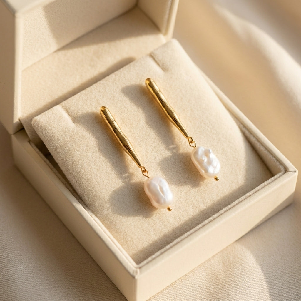 Gold Statement Earring with Baroque Pearl Pendant, Everyday Wear