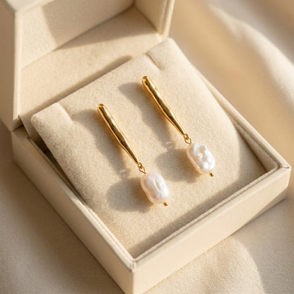 Gold Statement Earring with Baroque Pearl Pendant, Everyday Wear