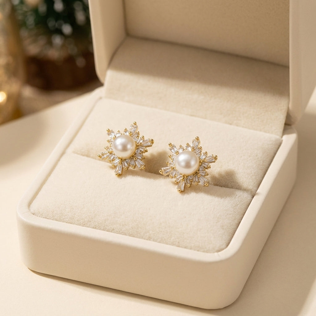 Christmas Snowflake Earrings - Freshwater pearl Gold Ear Studs
