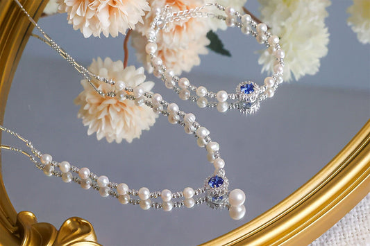 White Gold Pearl & Sapphire Blue CZ Jewelry Set