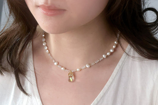 Pearl Beaded Necklace with Crystal Pendant