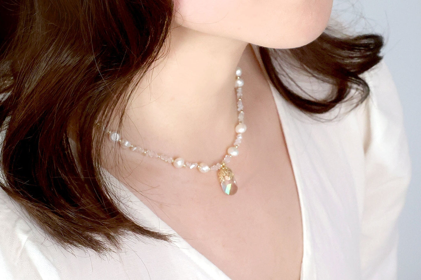 Pearl Beaded Necklace with Crystal Pendant