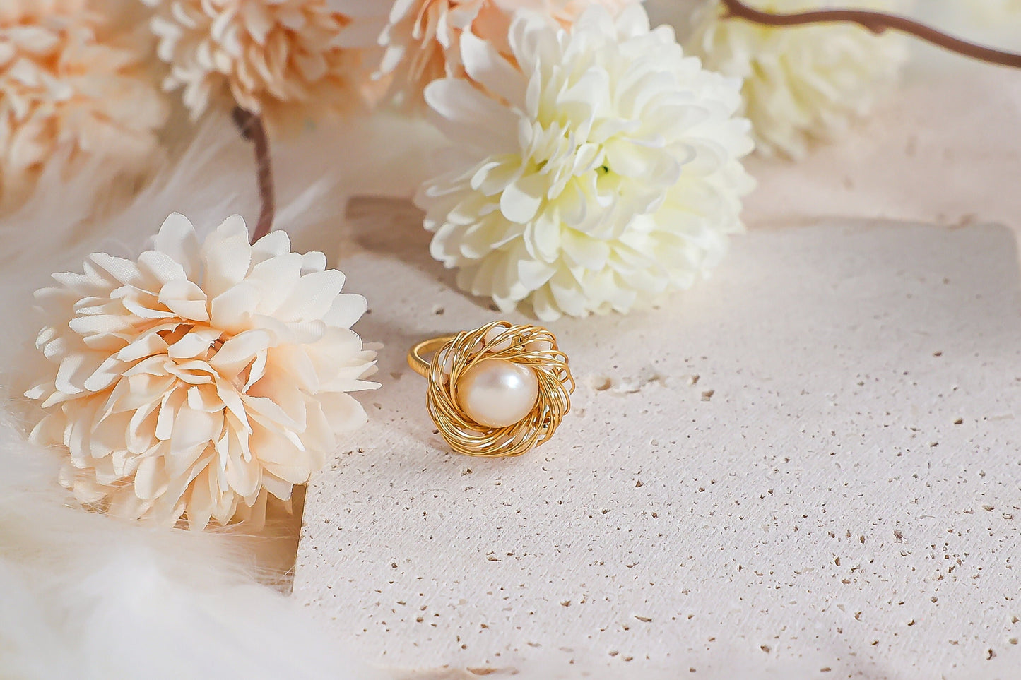 Luxurious Gold Handmade Flower Freshwater Pearl Ring