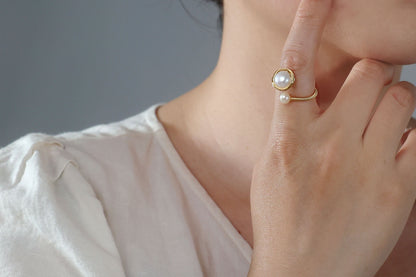 Gold Rim Double Freshwater Pearl Open Ring