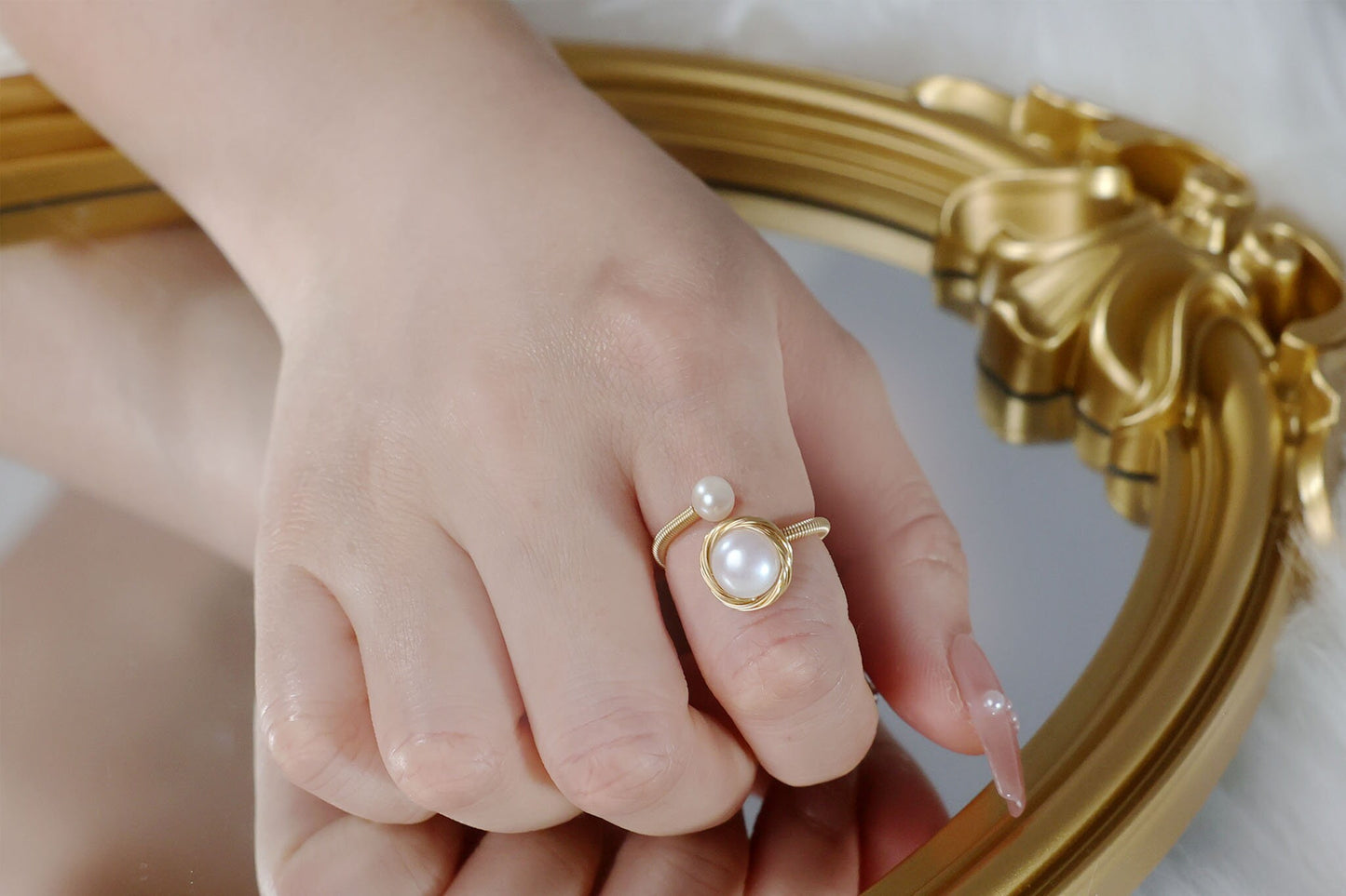 Gold Rim Double Freshwater Pearl Open Ring