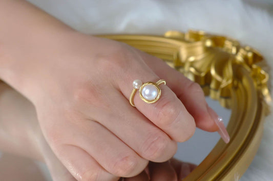 Gold Rim Double Freshwater Pearl Open Ring