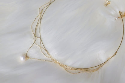 Gold Multilayered Choker with Pearl Pendant