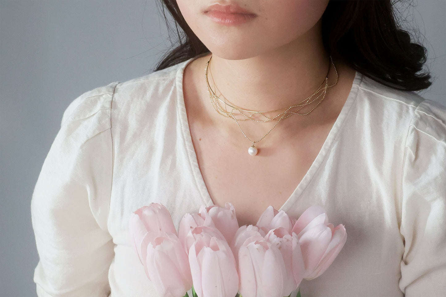 Gold Multilayered Choker with Pearl Pendant
