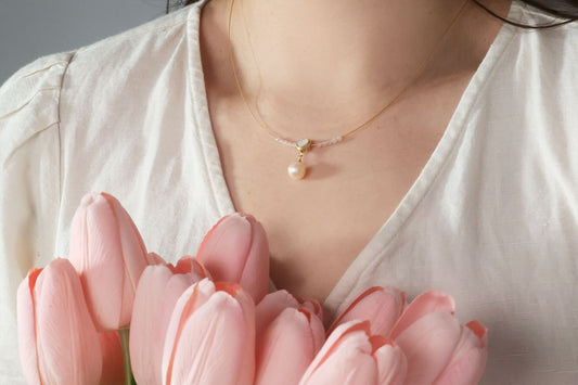 Delicate Silk String Heart Charm Necklace with Pearl Pendant