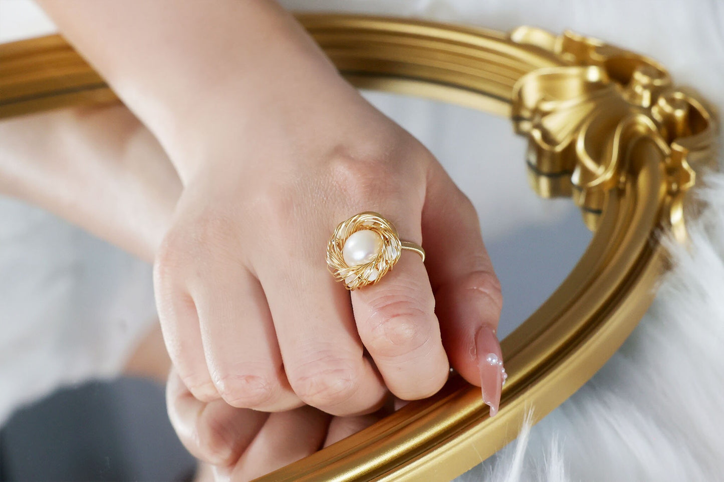 Luxurious Gold Handmade Flower Freshwater Pearl Ring