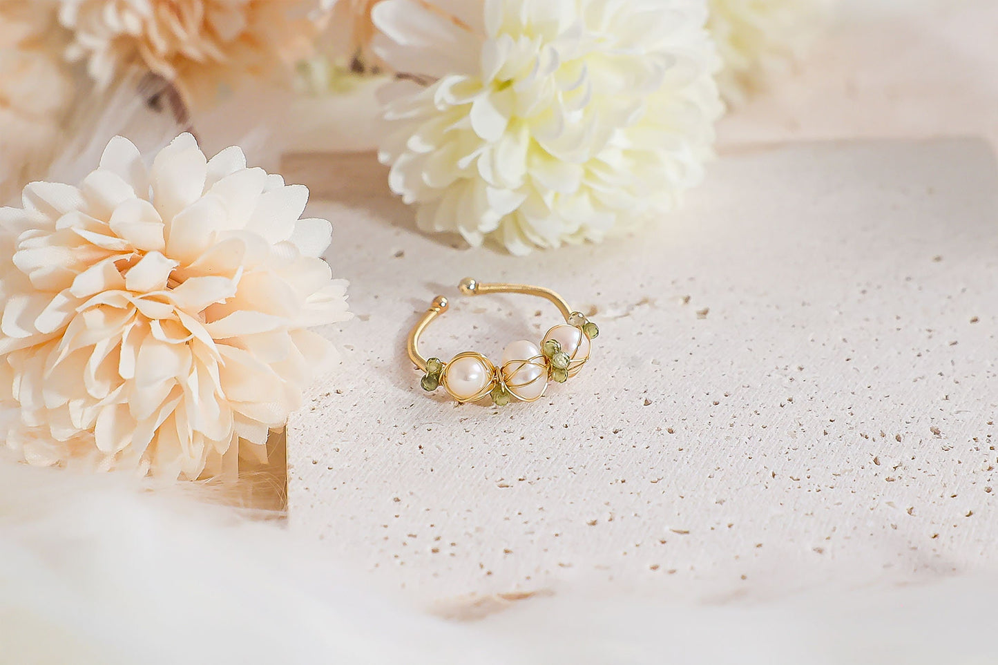 Gold Delicate Handmade Rings with Green Crystal