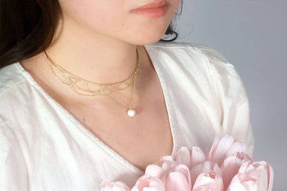 Gold Multilayered Choker with Pearl Pendant