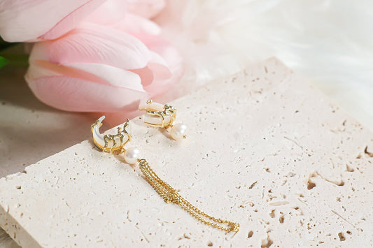 Gold Crescent  Mismatched Earrings with Freshwater Pearl