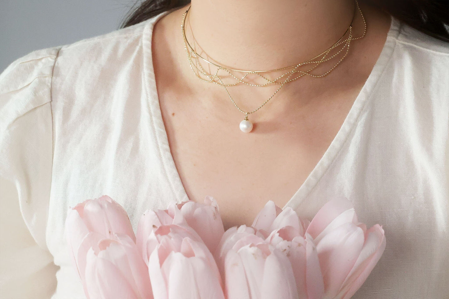 Gold Multilayered Choker with Pearl Pendant