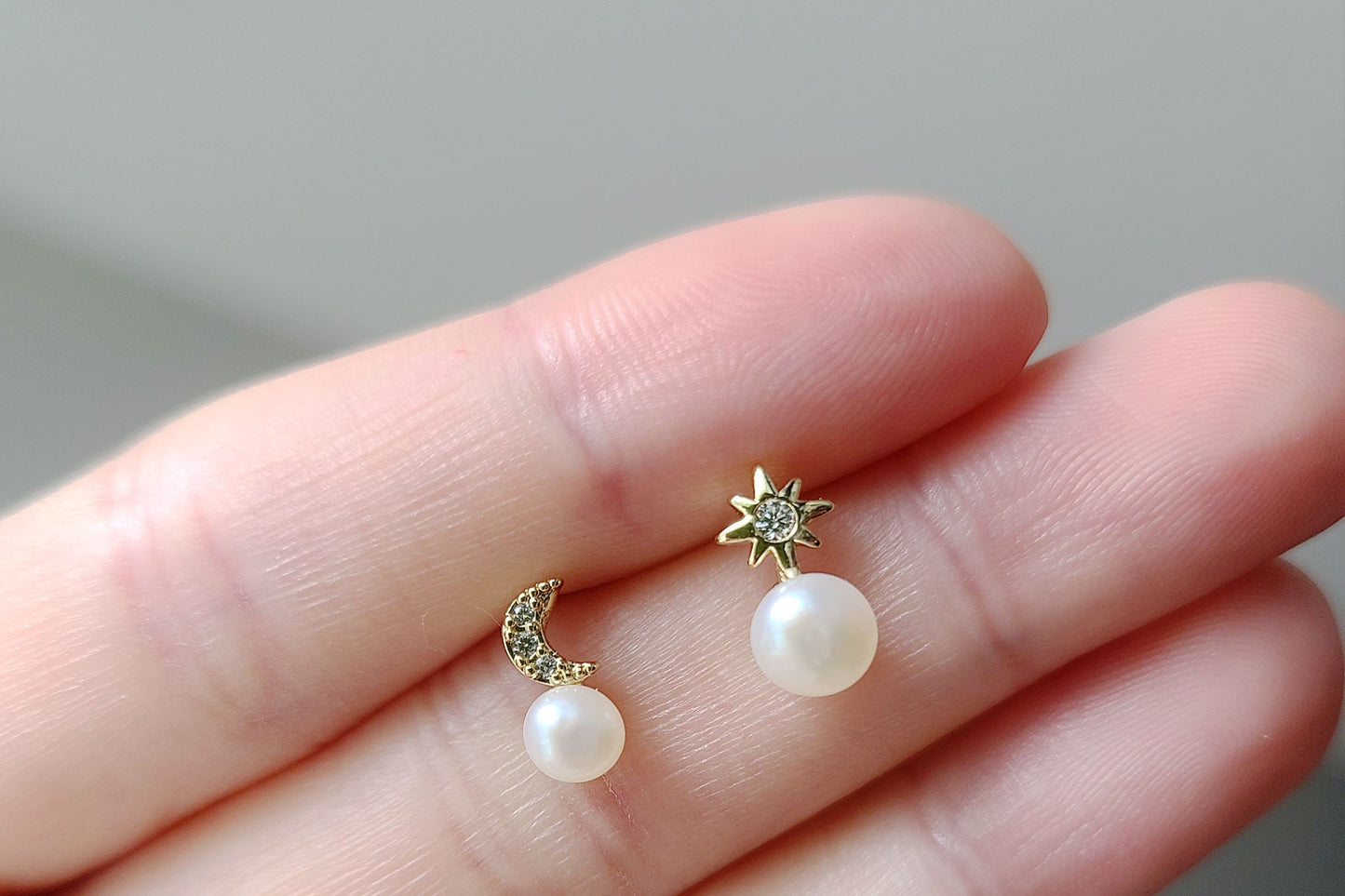 Mismatched Moon and Star Stud Earrings with Freshwater Pearl