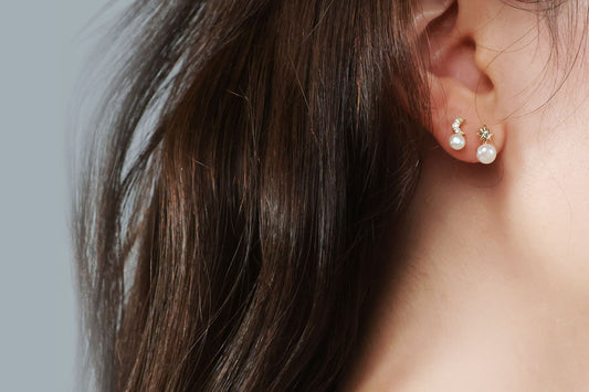 Mismatched Moon and Star Stud Earrings with Freshwater Pearl