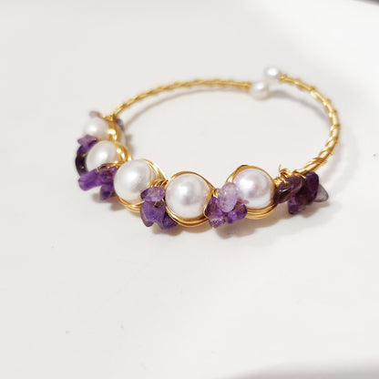 Natural Pearl Bangle with Amethyst, Gold Wire Wrap Bracelet, February Birthstone Jewelry, Wedding Jewelry, Birthday Gift, Gift for Her