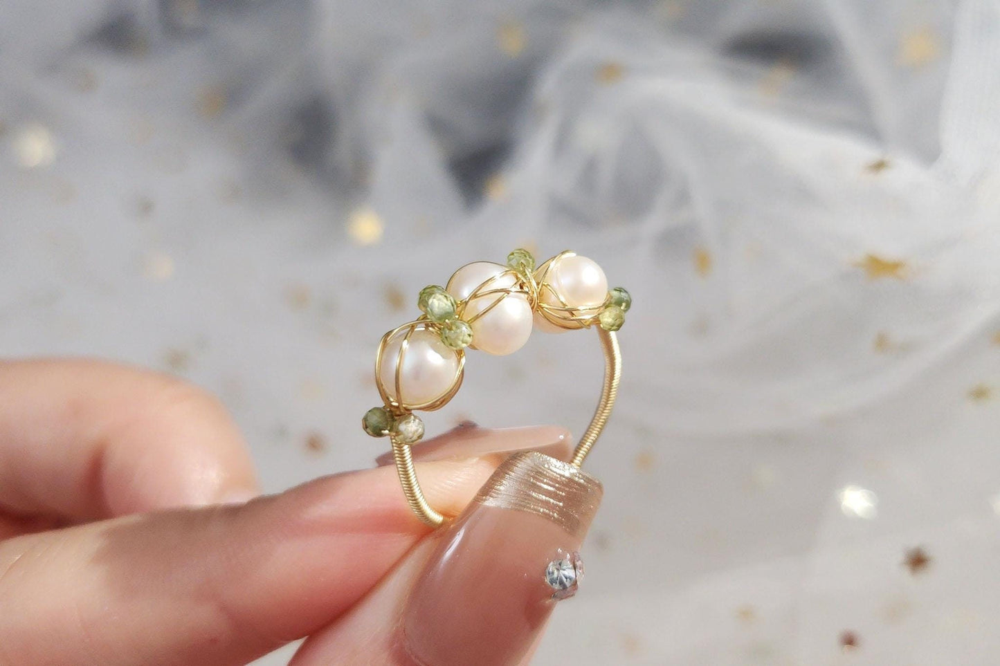 Gold Delicate Handmade Rings with Green Crystal