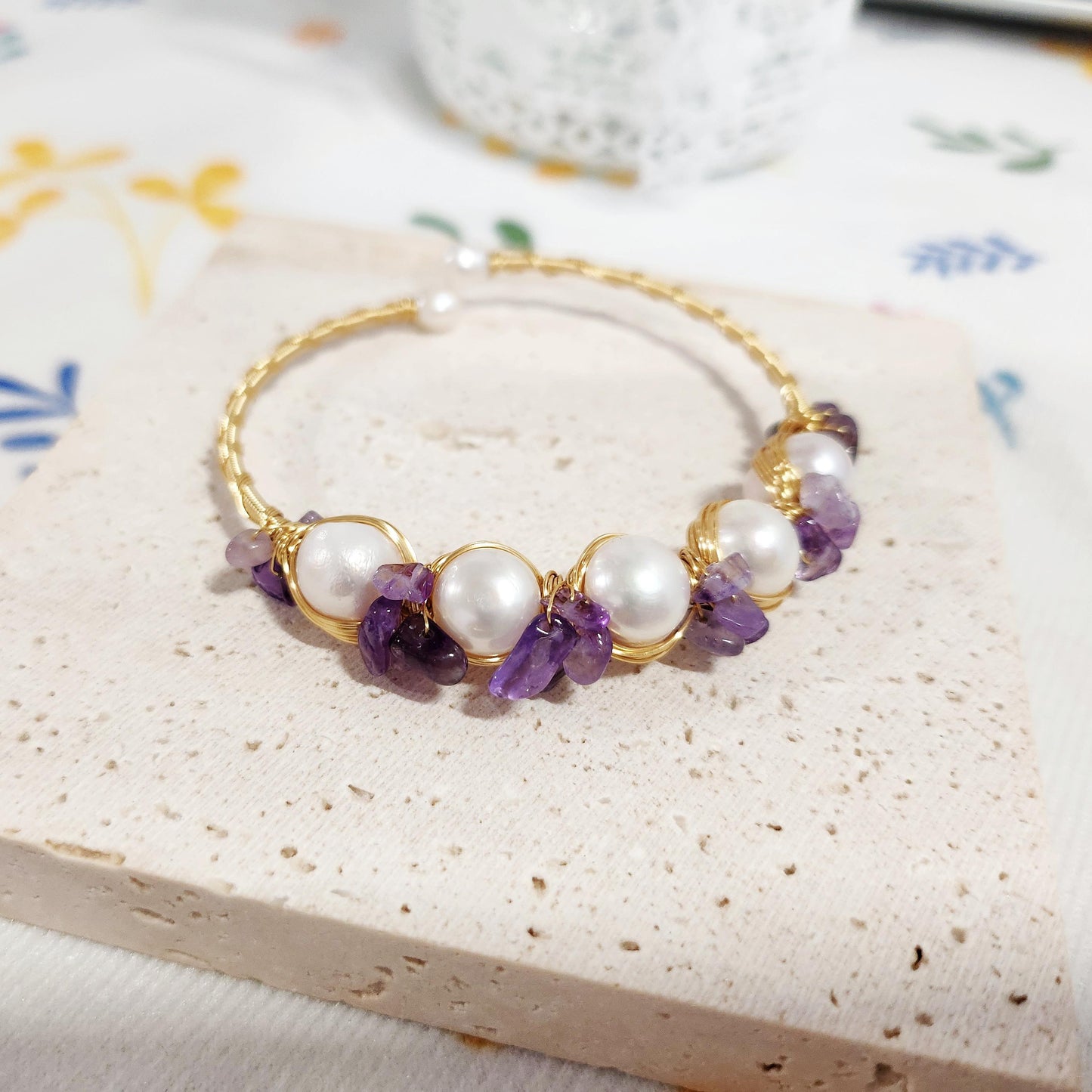 Natural Pearl Bangle with Amethyst, Gold Wire Wrap Bracelet, February Birthstone Jewelry, Wedding Jewelry, Birthday Gift, Gift for Her