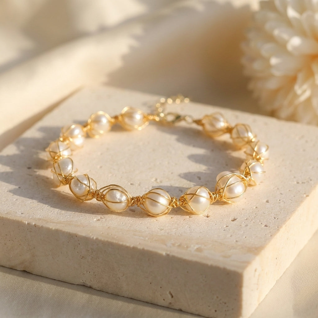 Top-down view of The Handmade Freshwater Pearl Wire Wrapped Gold Bracelet by Whisperland Studio