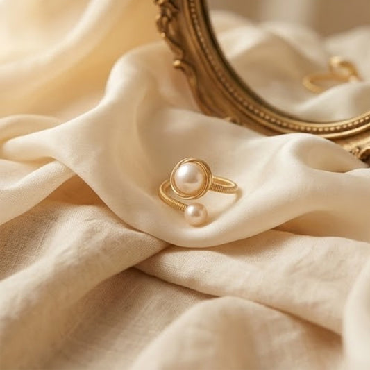 Adjustable Gold Double Pearl Open Ring, Best gift idea