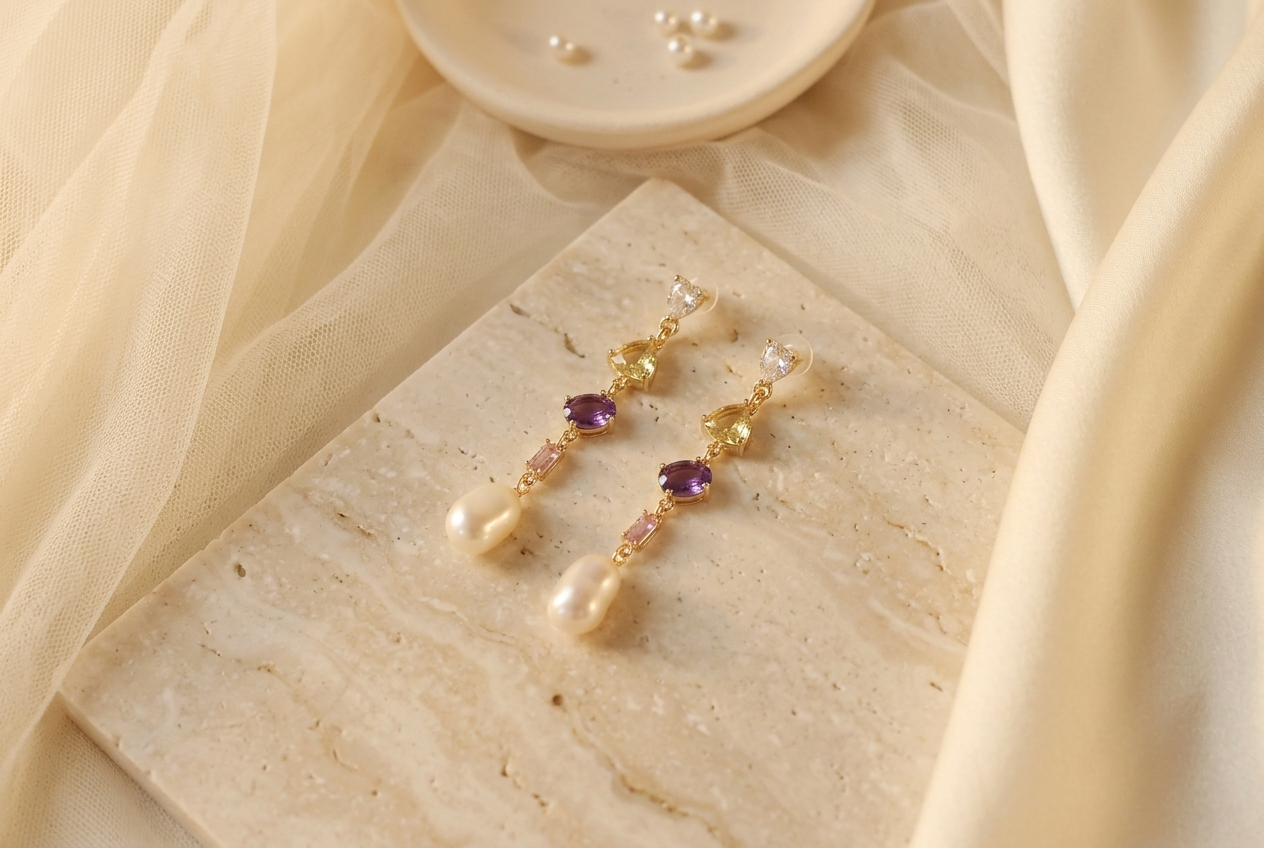 Sparkly Zircon & Freshwater Pearl Dangle Earrings, Wedding Jewelry