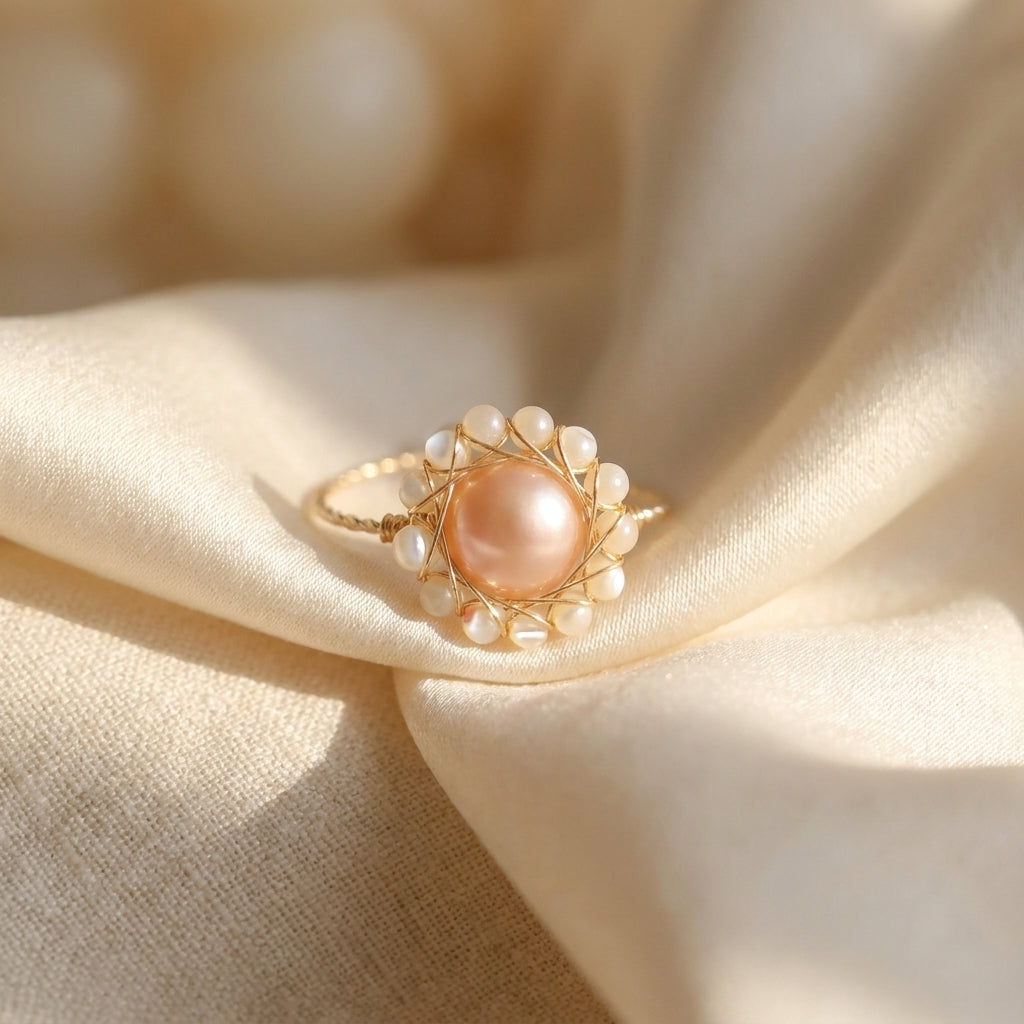 Adjustable Pink Floral Pearl Statement Ring, June Birthstone Goft