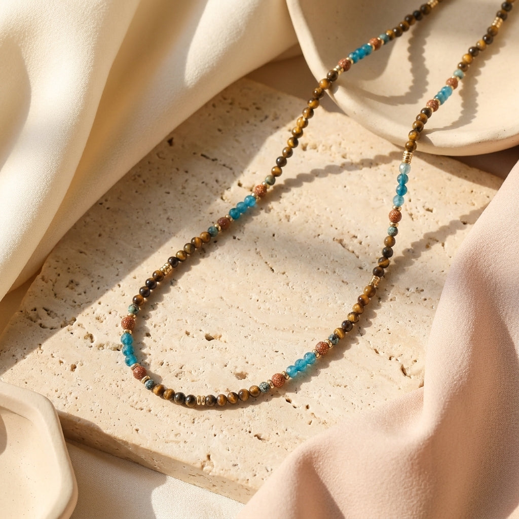 Full view of the handcrafted Terra Aura boho necklace laid flat, showing the blue apatite and earthy brown gemstone pattern.