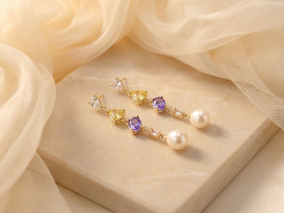 Sparkly Zircon & Freshwater Pearl Dangle Earrings, Wedding Jewelry