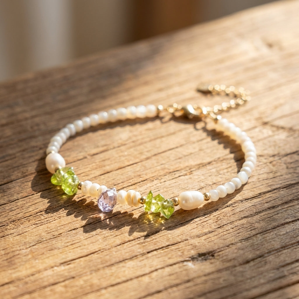 Elysian Meadow | Natural Peridot & Shell Pearl Beaded Bracelet - 14K Gold Plated