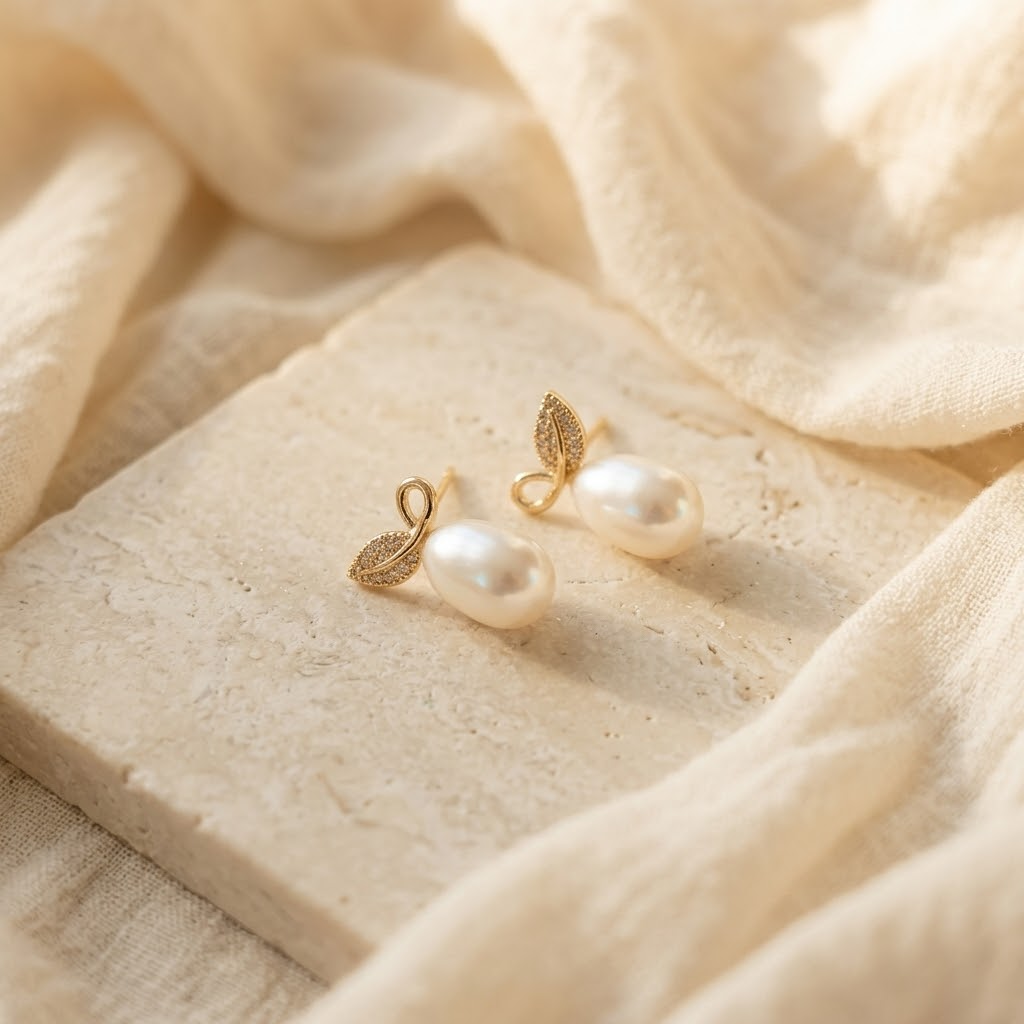 Gold Leaf Freshwater Pearl Stud Earring, Best gift for Mom