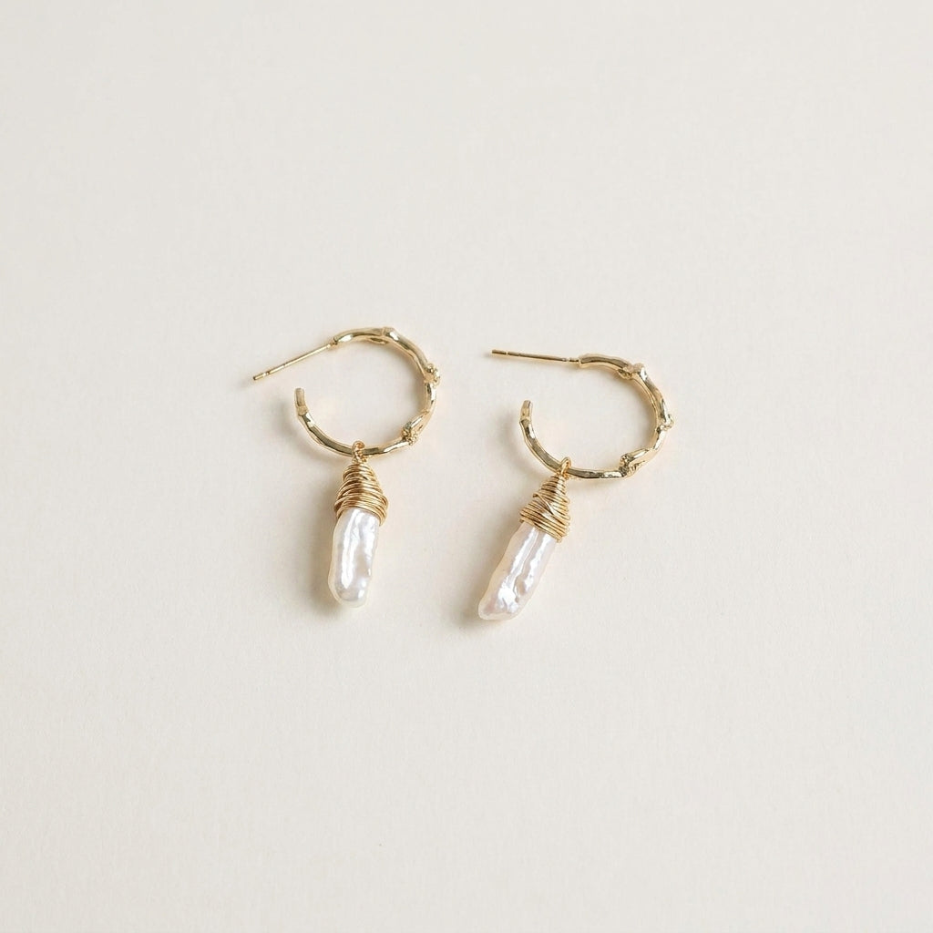 Gold Hoop Earring with Natural Baroque Pearl Pendant
