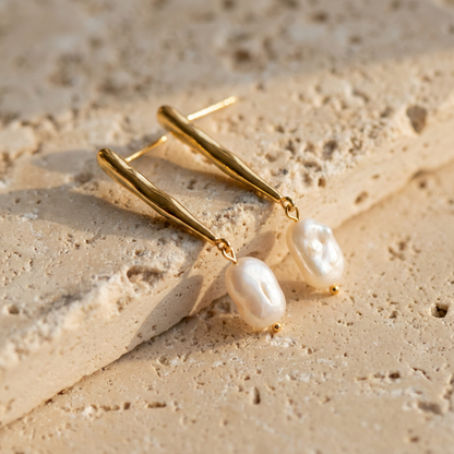 Gold Statement Earring with Baroque Pearl Pendant, Everyday Wear