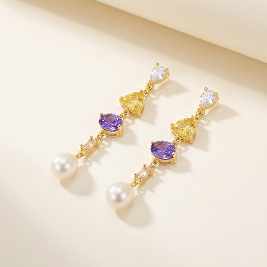 Sparkly Zircon & Freshwater Pearl Dangle Earrings, Wedding Jewelry