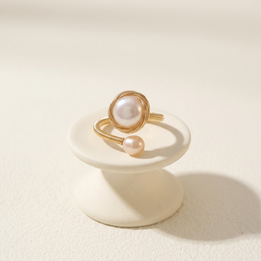 Adjustable Gold Double Pearl Open Ring, Best gift idea