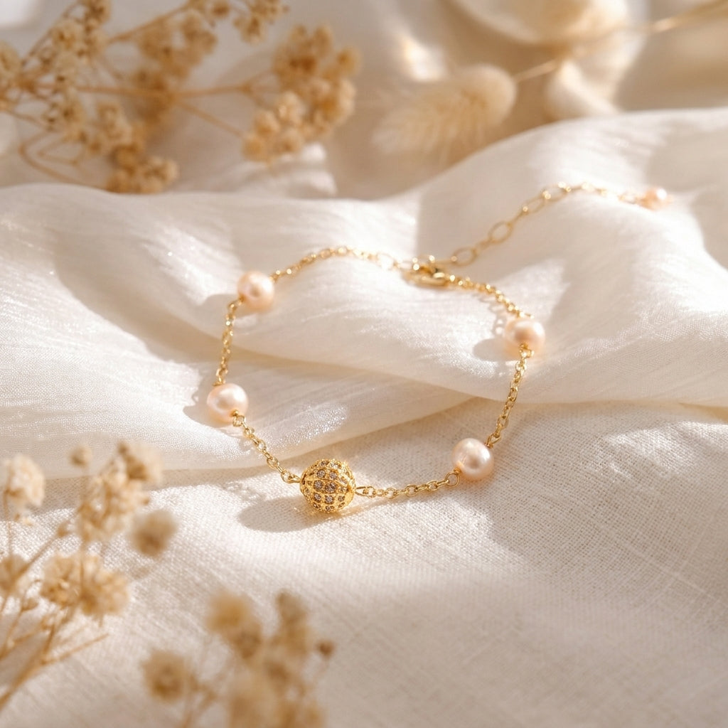 Lumina Freshwater Pearl Satellite Bracelet | Dainty Gold Plated Zircon Jewelry