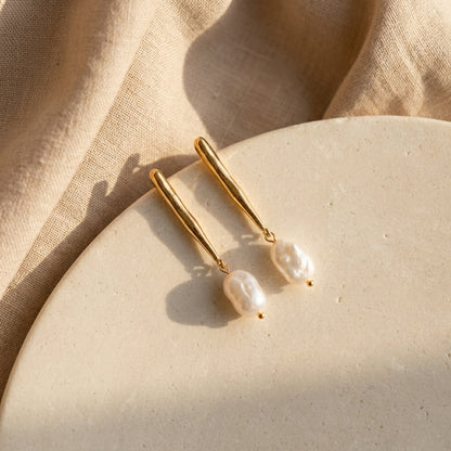 Gold Statement Earring with Baroque Pearl Pendant, Everyday Wear