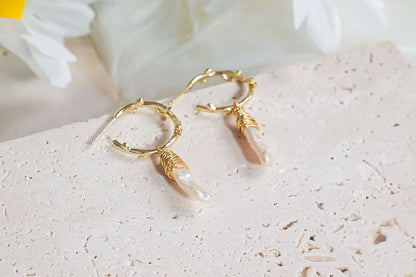 Gold Hoop Earring with Natural Baroque Pearl Pendant